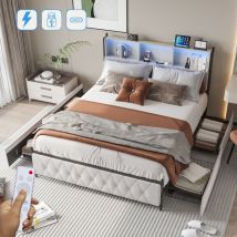 Doppelbett 140x200cm mit 4 Schubladen, LED-Beleuchtung, USB-Ladefunktion C, 3 Regalen, Lattenrost aus Holz, gepolstertes Bett aus Samt - Beige