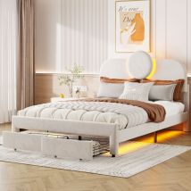 Doppelbett 140x200cm, verstellbares Kopfteil mit LED-Beleuchtung, 2 Schubladen, Bettrahmen, Lattenrost, Samt, Polsterbett - Beige