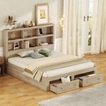 Redom - Doppelbett 160200cm, Massivholz, Kingsize-Plattformbett mit zwei Schubladen am Fußende des Bettes, Kopfteil mit Stauraum, natur