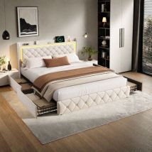 Doppelbett 160x200 Cm Mit Led, Bett 160x200 Cm Aus Samt Mit 4 Schubladen, Lattenrost, Erwachsenenbett, Gepolstertes Bett, 2 Personen, Beige
