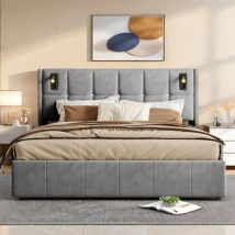 Doppelbett 140x200cm, Stauraumbetten mit Luftdruckbox, Erwachsenenbett mit Leselampe, Nietendesign an der Kopfteilseite, Samt, Grau