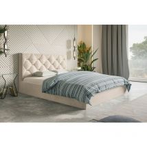 Doppelbett 140x200 Balma - Doppelbett mit Samtstoff, Polsterbett mit Bettkasten & Lattenrost - goldene Accessoires an der Kopfstütze (Beige - Jasmine