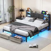 Doppelbett Für Erwachsene 140x200cm, Led-beleuchtung, Pu-leder, 2 Schubladen Und Regalablagen, Metallbettgestell, Modern, Schwarz