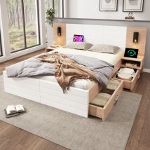 Doppelbett Holzbett Bettanlage160×200cm Mit 2 Schubladen ,kopfteil Leselicht Mit Usb Ladefunktion,modernes Bett Inkl.2 Nachtkommode,bettgestell &