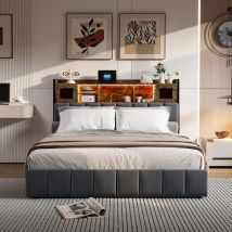 Doppelbett mit 4 Schubladen, 140x200 cm, Metallrahmen, Kopfteil mit dekorativen Fenstern und Stauraum, Polsterbett mit Ladeanschluss, Leinen, Schwarz