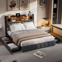 Doppelbett mit 4 Schubladen, 160x200 cm, Metallrahmen, Kopfteil mit dekorativen Fenstern und Stauraum, Polsterbett mit Ladeanschluss, Leinen, Schwarz