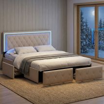Bett Mit 4 Schubladen 140x200, Polsterbett Mit Led, Bett Erwachsene Mit Verstellbarem Kopfteil, Inkl. Lattenrost, Moderner Skandi-stil(140x200cm, 