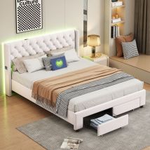 Tanant - Doppelbett mit Schubladen 140x190cm, Bettgestell mit 2 Schubladen, LED-Kopfteil mit Nietenverzierung, USB-Anschluss, Holzlattenrost,