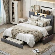 Doppelbett mit Schubladen 140x200cm, mit 3 Schubladen, USB + Type-C Ladefunktion, Kopfteil mit LED-beleuchtetem Stauraum, Brettboden, Samt,