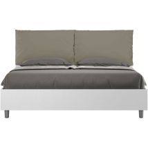 Ityhome - Doppelbett mit Stauraum, Doppellift, 160x200 cm, weißes Eschenholz, cappuccinofarbene Kunstlederkissen, Egos Antea