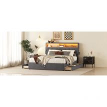 Redom - Doppelbett, Polsterbett, Stauraum, Kopfteil, Bett mit USB-Ladefunktion und LED-Beleuchtung, Funktionsbett mit vier Schubladen, verstellbares