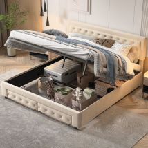 Doppeltes Polsterbett 160x200 cm, hydraulisches Boxspringbett, Knopfdekoration, zwei Schubladen am Ende des Bettes, viel Stauraum, Samt, Lattenrost –