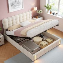 Doppeltes Polsterbett 140x200 cm, hydraulisches Boxspringbett mit LED-Lichtleiste am Bettende, gepolsterte Rückenlehne, Samt, für Kinder und