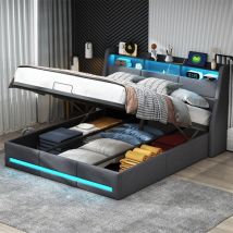 Doppeltes Polsterbett 140x200 Cm, Kopfteil Mit Led-aufbewahrung, Usb-aufladung, Viel Stauraum, Leinen, Lattenrost, Metallstruktur – Grau