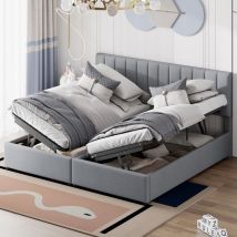 Doppeltes Polsterbett 180x200 cm, hydraulisches Boxspringbett mit vertikal gestreiftem Kopfteil, Stauraum, Lattenrost, Metallstruktur, Leinen,