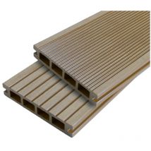 Terrassendiele aus doppelzelligem Verbundholz – Farbe – Hellbeige, Dicke – 25 mm, Breite – 14 cm, Länge – 360 cm, überdachte Fläche in m² – 0,5