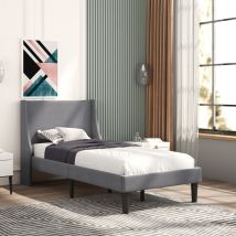 Upholstered Bed with Winged Headboard, Wood Slat Support, Single Bed, Linen, Grey