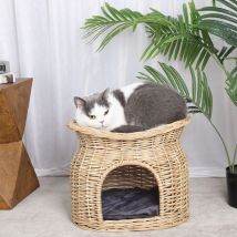 Bingo Paw - BingoPaw Double Cat/Kitten/Puppy Bed Natural Woven Seagrass Twin Basket/Pod/Igloo/Cave, Beige