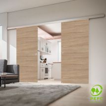Double porte coulissante intérieure Schulte 176 x 203 cm, chêne, porte pleine 2 vantaux - Poignée ronde + double amortisseur Softclose