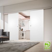 Double porte coulissante intérieure Schulte 176 x 203 cm, Porte pleine en bois blanc, 2 vantaux - Poignée carrée + double amortisseur Softclose