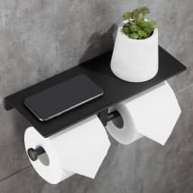Double Roll Toilet Paper Holder Space Aluminum Wall Mounted Bathroom Paper Storage with Phone Holder Shelf Stand Shelf for Bathroom Kitchen