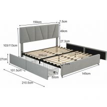 Double Size Polster Plattform Bett mit vier Schubladen auf zwei Seiten,Verstellbares Kopfteil,Grau(140x200cm)