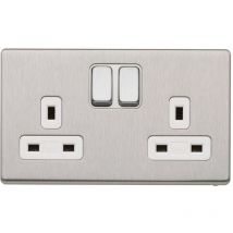 MK - Electric Double Socket, with Dual Earth Switches, Brushed Stainless Steel - Silver
