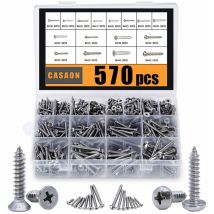 Assortiment de 570 vis autotaraudeuses, M3/M4/M5/M6, kit de vis à tôle en acier inoxydable 304, assortiment de vis à bois Phillips Drive 570 pièces