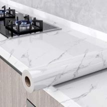 Papier Peint Film Rouleau Adhesif pour Meuble Cuisine Mural, Papier Autocollant pour Meuble Armoires Imperméable, Décoratif Revêtement Blanc Marbre
