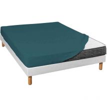 Drap housse jersey bleu canard bonnet 30 cm 180x190 - Bleu canard