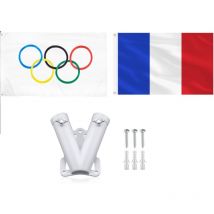 Coocheer - Drapeau olympique + drapeau français + support de mât double, support de drapeau mural en alliage d'aluminium robuste en forme de v,