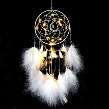 Dream Catcher with led Light, Handmade Dream Catcher with Feathers, Romantic Girl's Room Decor, for Wall Decor Craft Decorations (White)
