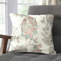 Indira Floral Print 100% Cotton Piped Edge Cushion Cover, Coral/Natural, 43 x 43 Cm - Dreams&drapes