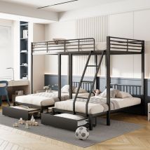 Okwish - Dreifaches Etagenbett mit Schubladen, Bettrahmen aus Metall, umwandelbar in ein Doppelbett 140 x 200 und zwei Einzelbetten 90 x 200,
