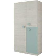 Garderobe Manchester, Kleiderschrank im Schlafzimmer, Schrank mit 3 Türen und 3 Einlegeböden mit Kleiderstange, cm 90x52h200, Weiß und blaugrün