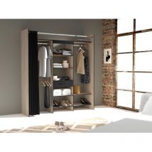 Kit dressing artic avec rideau - Décor Chene et noir - 1 colonne + 3 penderies + 1 tiroir - l 184 x p 50 x h 203 cm Ekipa