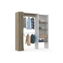 Dressing extensible MARTY 120/170 x 50 x 180 cm blanc avec étagères hêtre + double penderie + rideau taupe