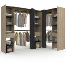 Idmarket - Dressing extensible d'angle marlon 230 x 140 x 180 cm cm hêtre avec penderies + étagères + rideaux noirs