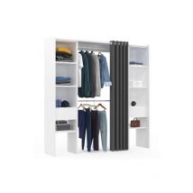Dressing extensible double meryl 120/180 x 50 x 180 cm blanc avec étagères + double penderie + rideau gris