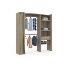 Idmarket - Dressing extensible marty 120/170 x 50 x 180 cm hêtre avec étagères + double penderie + rideau taupe