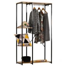 Dressing ouvert, avec étagères et tringle pour cintres, en bois clair et métal noir