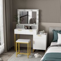 Kosy Koala - Dressing Table Set with Bulb Lights Mirror, Storage Cabinet and Stool - White and Gold - Hollywood Style