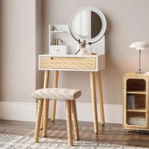 Puluomis - Dressing Table with led Lights Mirror, Vanity Makeup Table Set with Adjustable Brightness Mirror, Cushioned Stool and Free Make-up