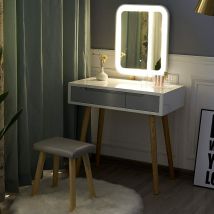 Puluomis Dressing Table with LED Lights Mirror, Vanity Makeup Table Set with Adjustable Brightness Mirror, Cushioned Stool and Free Make-up