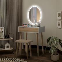 Puluomis - Dressing Table with led Lights Mirror, Vanity Makeup Table Set with Adjustable Brightness Mirror, Cushioned Stool and Free Make-up