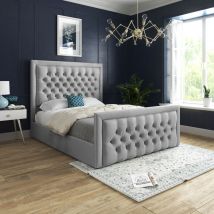 Ds Living - Kingston Upholstered Soft Velvet Bed Grey Fabric Buttons Single