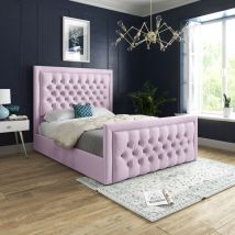 Kingston Upholstered Soft Velvet Bed Pink Fabric Buttons Small Double - Ds Living