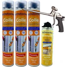 Dstock60 - Lot de 3 colles de montage polyuréthane + 1 pistolet + 1 nettoyant mousse - Mousse polyuréthane faiblement expansive pour le collage des
