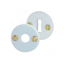 Set di rosone, maniglia a leva e serratura in porcellana bianca.