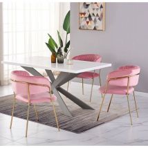 Duke lux Atarah Dining Set - a White Wooden Dining Table and Set of 4 Pink Velvet Dining Chairs - Dining Room Kitchen